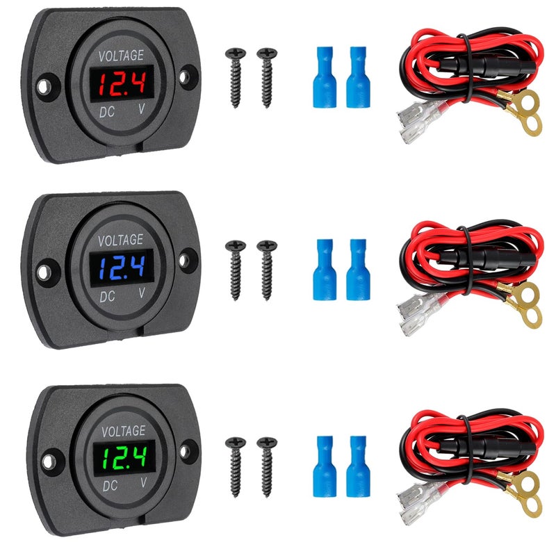 EPLZON 3 Pack DC 12V 24V Waterproof Car Voltmeter with LED Digital Display Panel and Mounting Plate Round Voltage Gauge Meter with Terminal for Boat Marine Motorcycle Truck(Red Green Blue Light) - Image 1